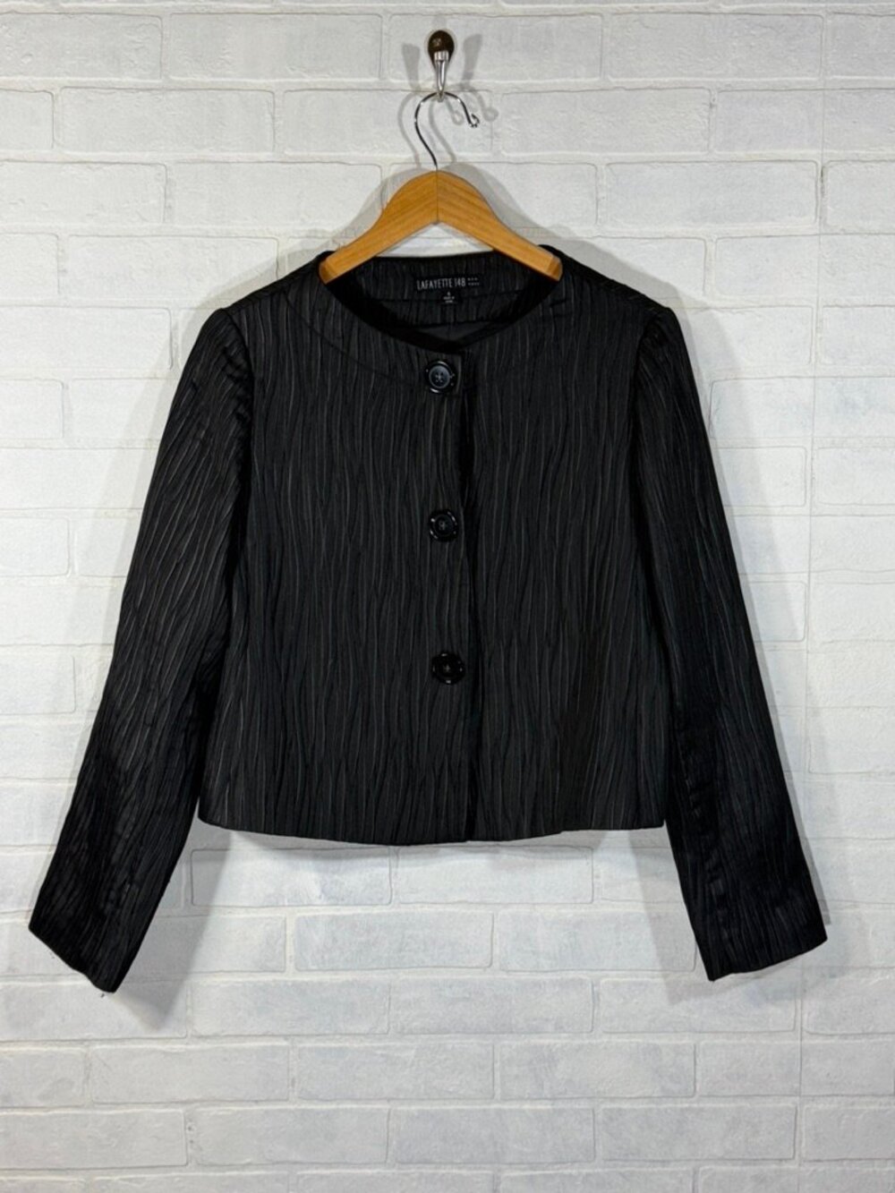 Lafayette 148 Black Cropped Boatneck Collarless Blazer in Rippled Fabric